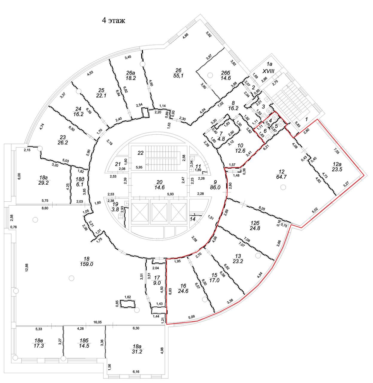 Планировка блока 228 м² на 4 этаже